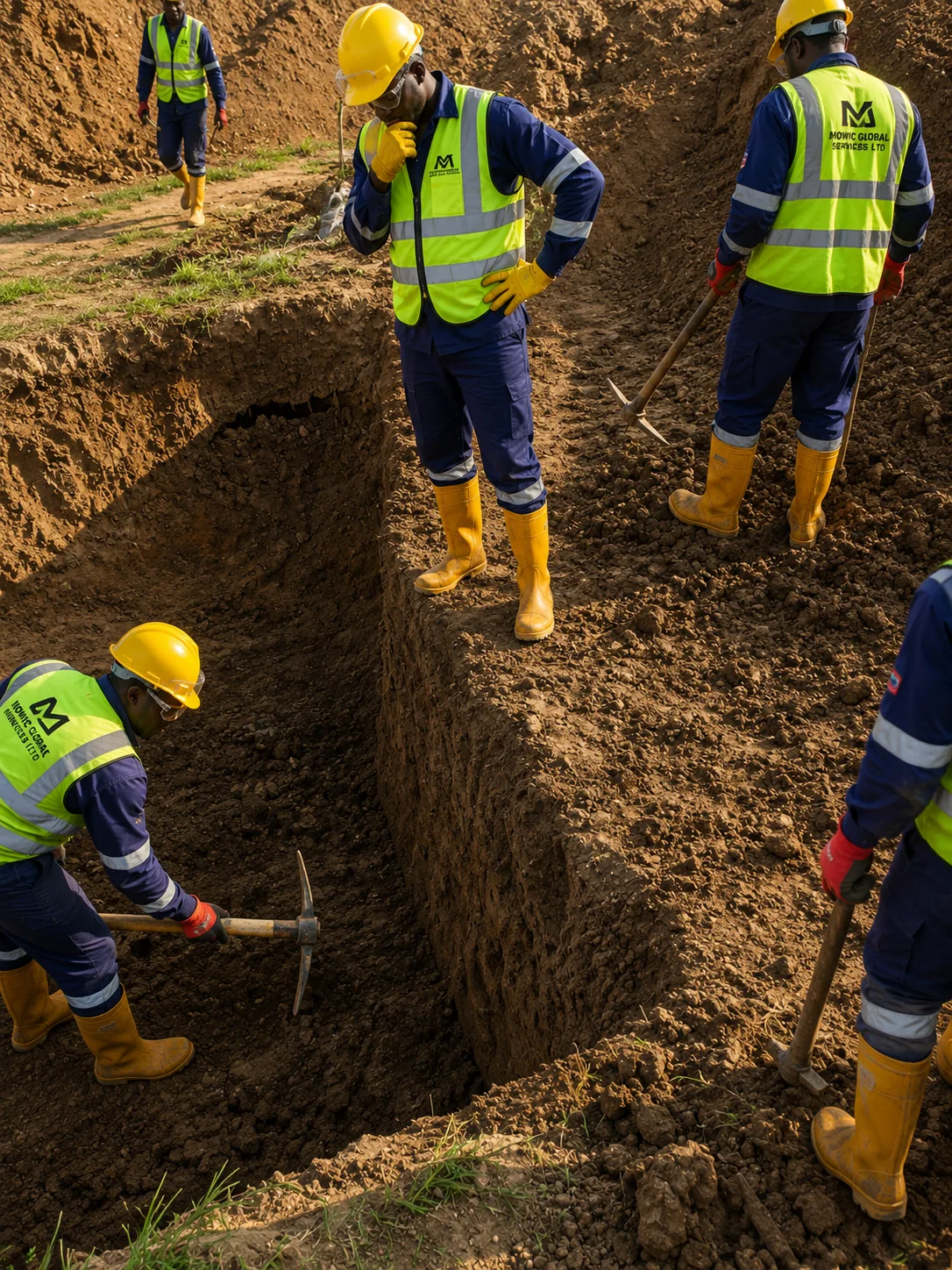Mowic Global workers in branded safety vests at an exploration trench in Kaduna State