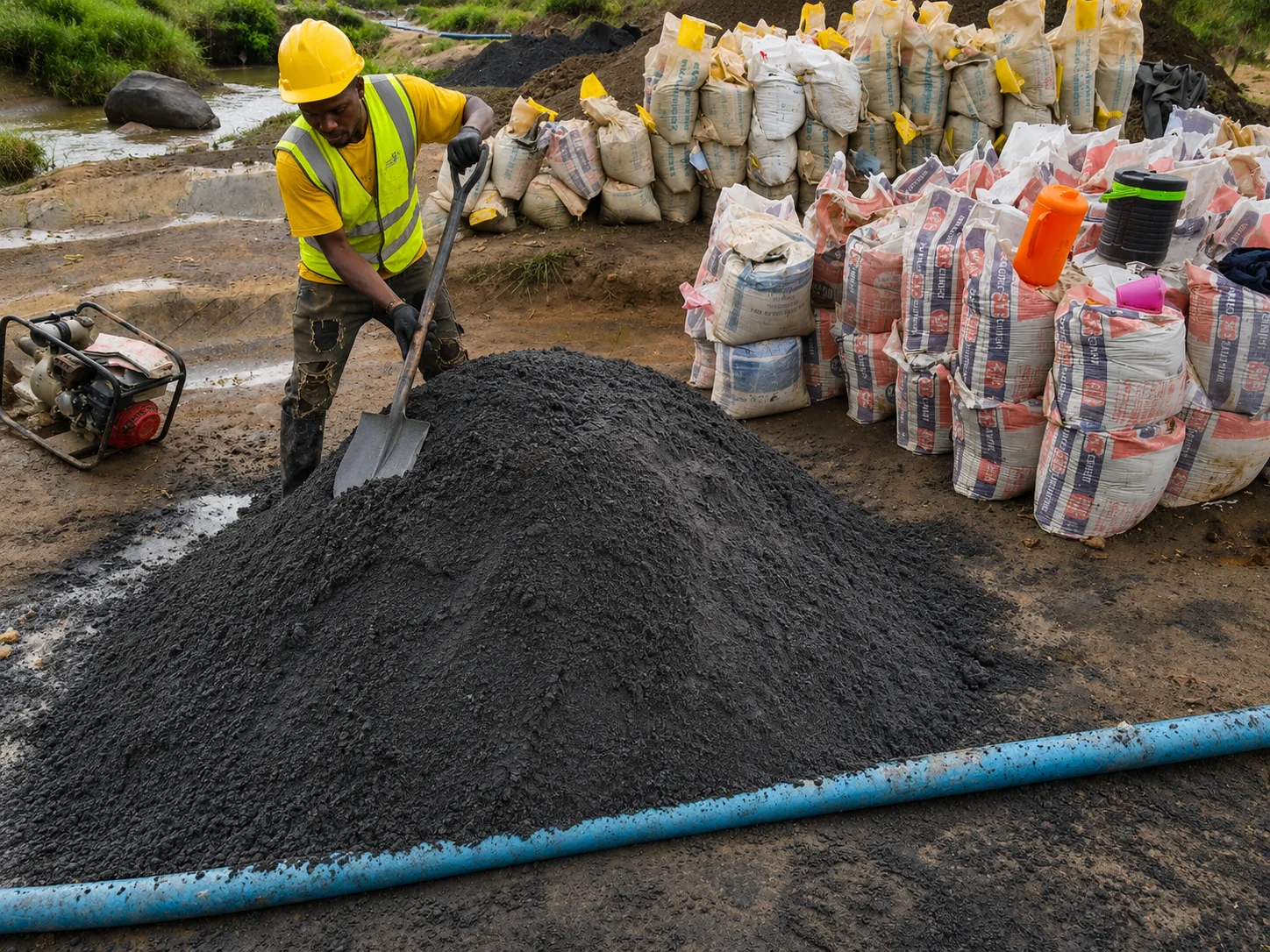 Mowic Global worker preparing washed mineral concentrate with bagged product in the background