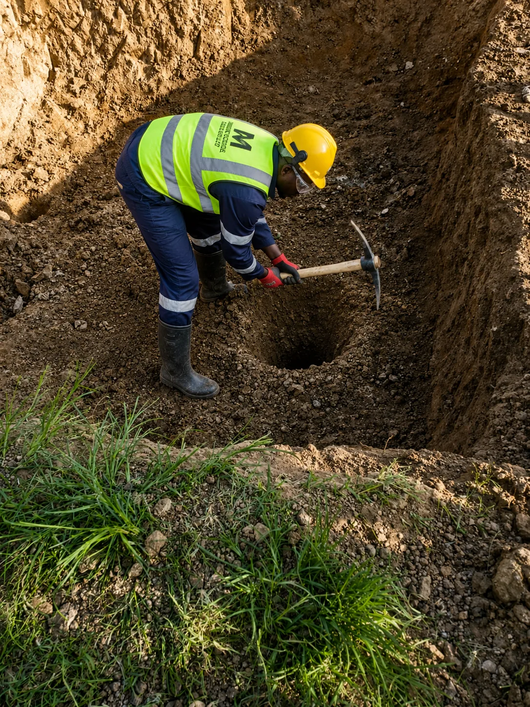 Mowic Global worker breaking ground with a pickaxe at an exploration pit