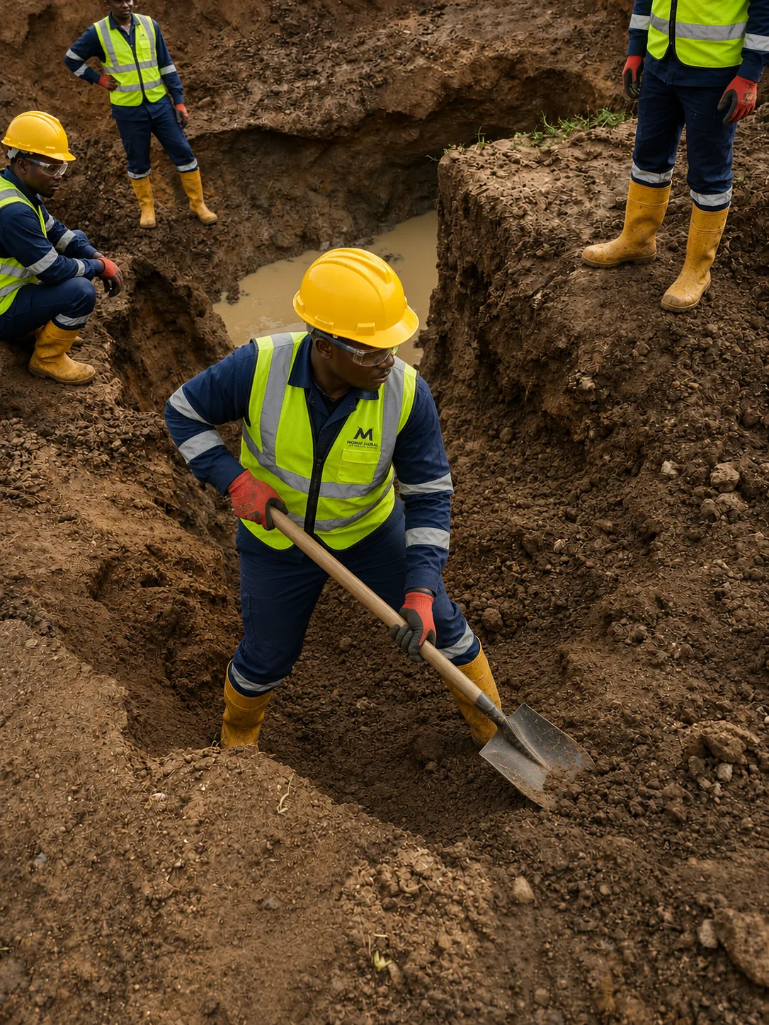 Mowic Global worker digging at a mining site, colleagues working nearby