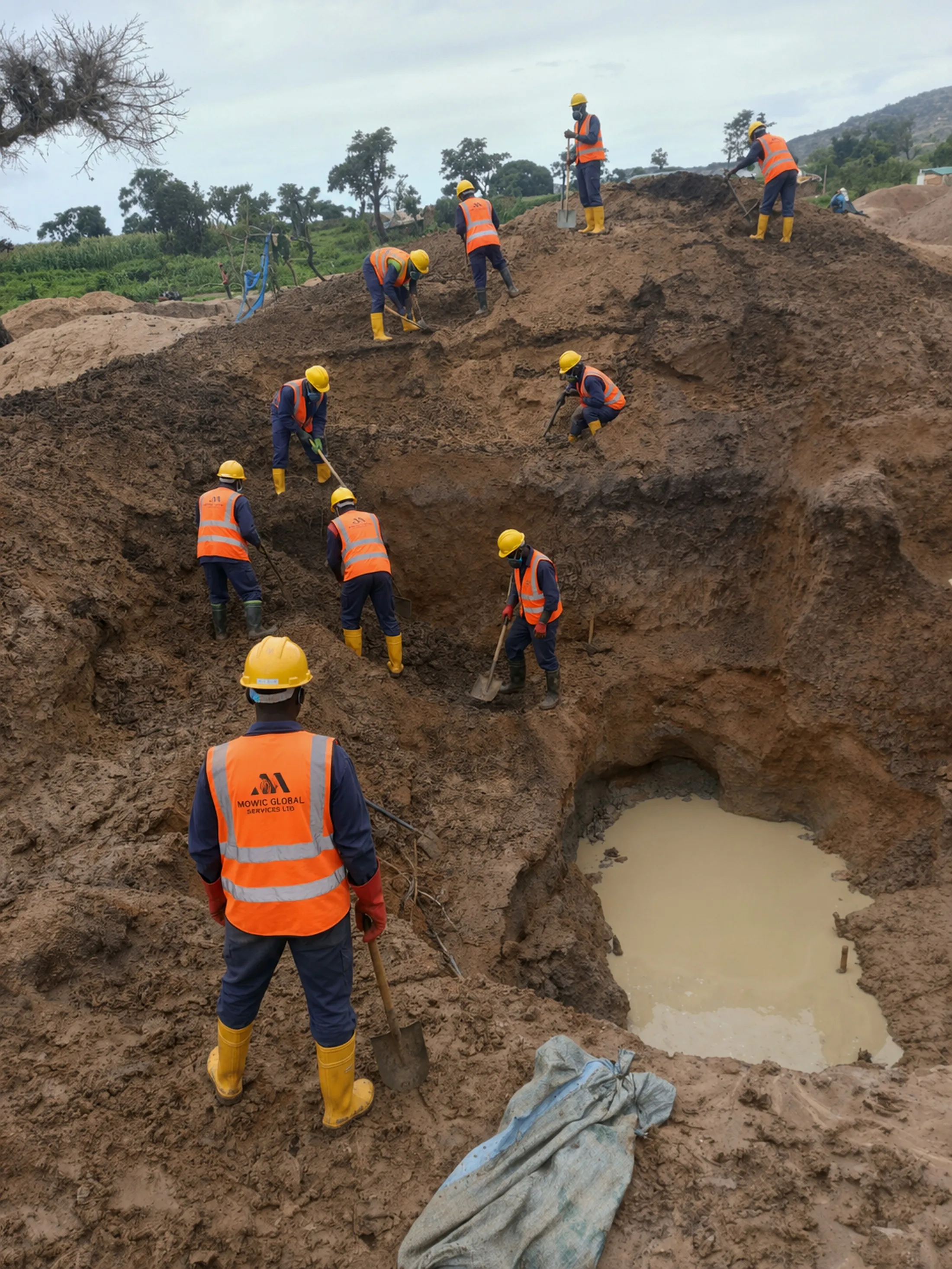 Mowic Global workers on a hillside excavation site in Kaduna State, Nigeria, in branded safety vests